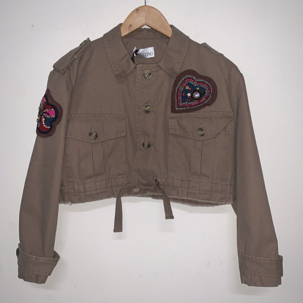 NWT Red Valentino Spa Women's EU40 Beige Button Crop Jeweled Patch Jacket Belted